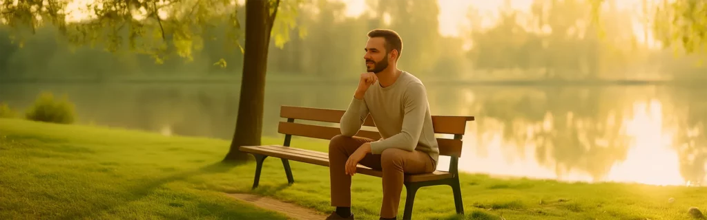 man op bankje in de natuur, symbool voor rust en persoonlijke coaching in Utrecht