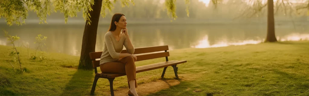 Vrouw op bankje in de natuur, symbool voor rust en persoonlijke coaching in Utrecht