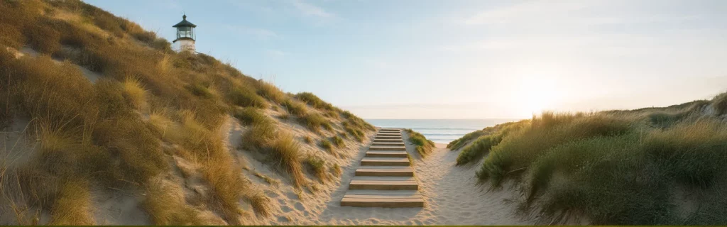 Strand met vuurtoren en trap – symbool voor persoonlijke groei en authentieke keuzes